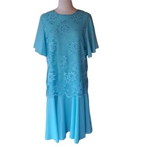 1980s‎ Blair Aqua Blue, Floral Lace Dress